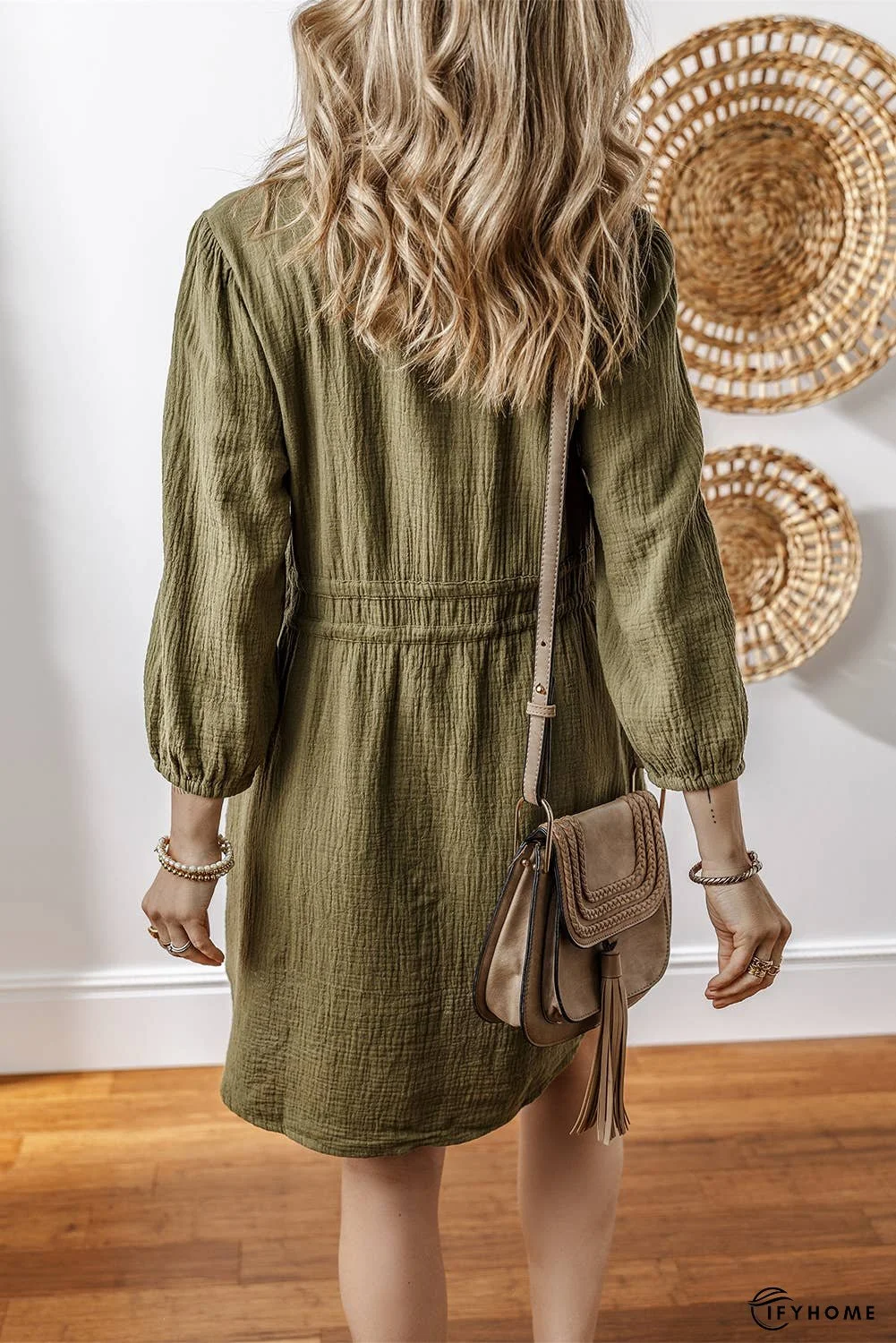 Textured Bracelet Sleeve Collared Dual Tied Mini Dress | IFYHOME