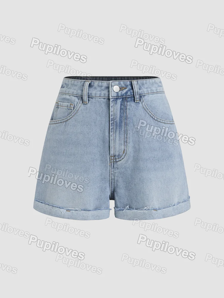 Pupiloves Pupiloves Denim Mid Rise Solid Pocket Shorts