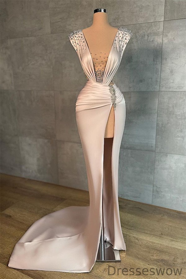 Dresseswow Mermaid Long Evening Dress High Split With Beads