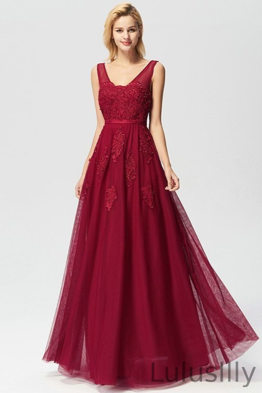 Lace Appliques Sleeveless Long Evening Prom Dress Online - lulusllly