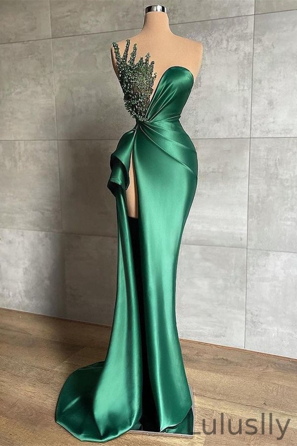 Luluslly Emerald Green Sleeveless Evening Dress Mermaid Slit With Beads