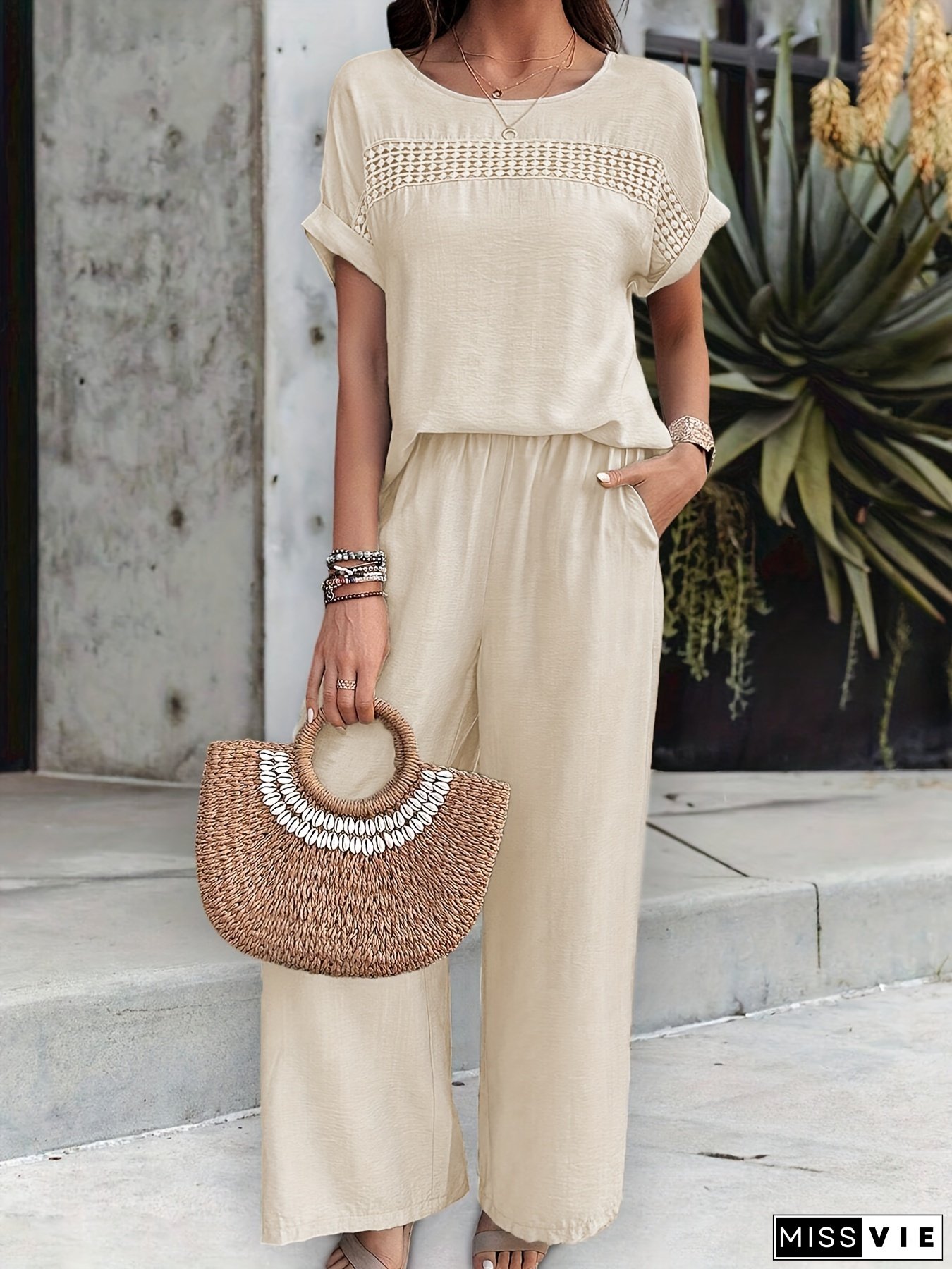 [Elegant Set + Short Sleeve Top And Pants]