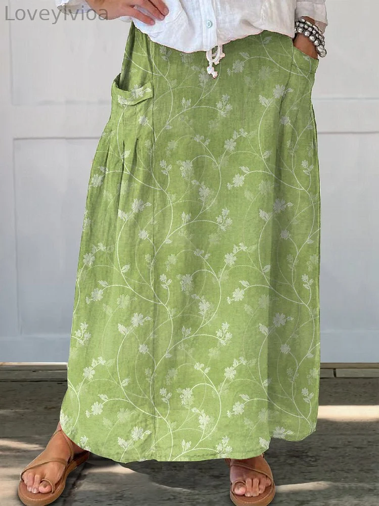 Women's Vintage Floral Art Linen Pocket Skirt