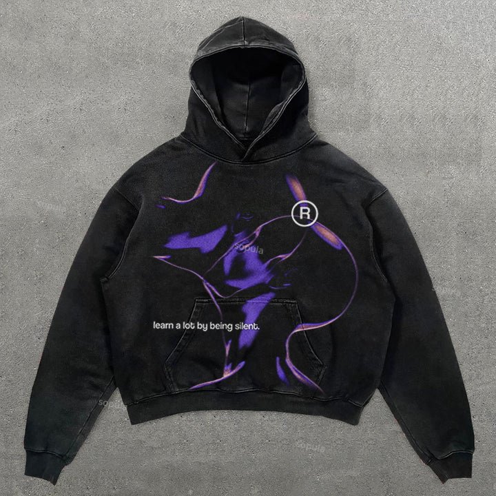 Sopula Vintage Learn A Lot By Being Silent Graphic Washed Hoodie