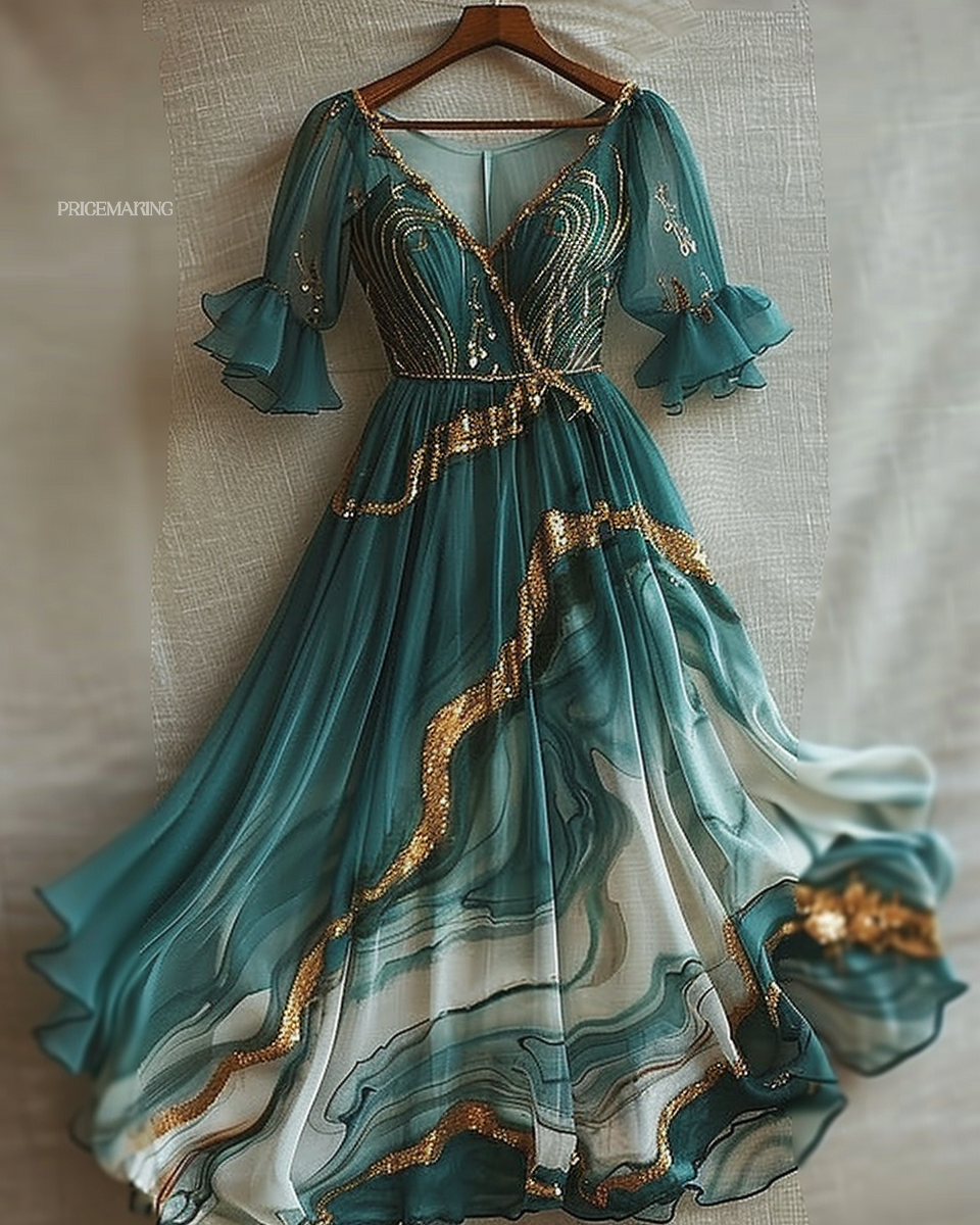 Summer vacation comfortable gilded printed chiffon ladies dress 7799