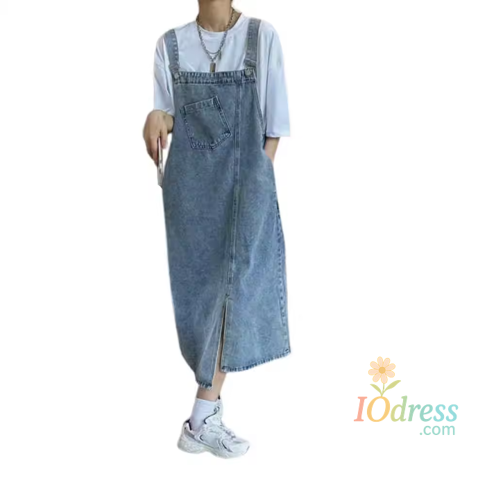 IO Dress Denim strap skirt retro loose denim strap dress large size women's skirt, irregular gap long summer dress women's sleeveless
