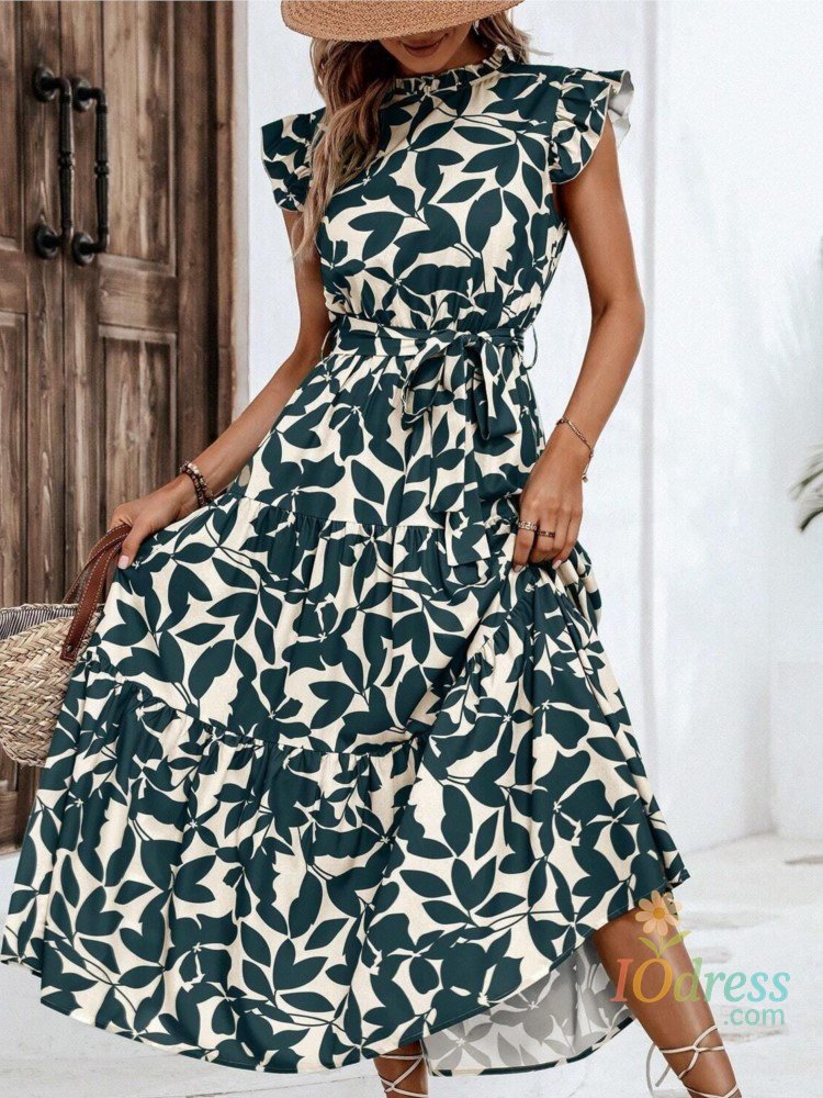 IO Dress Elegant Women's Flower Midi Dress New Summer Fashion Stand Collar Flying Sleevel Lace Up Dress Casual Beach Holiday Dresses Robe IO Dress