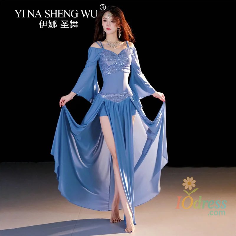 IO Dress Belly Dancing Wear Outfit for Women Mesh Long Sleeves Top+gauze Long Skirt 2pcs Training Set Oriental Belly Dance Costume Set