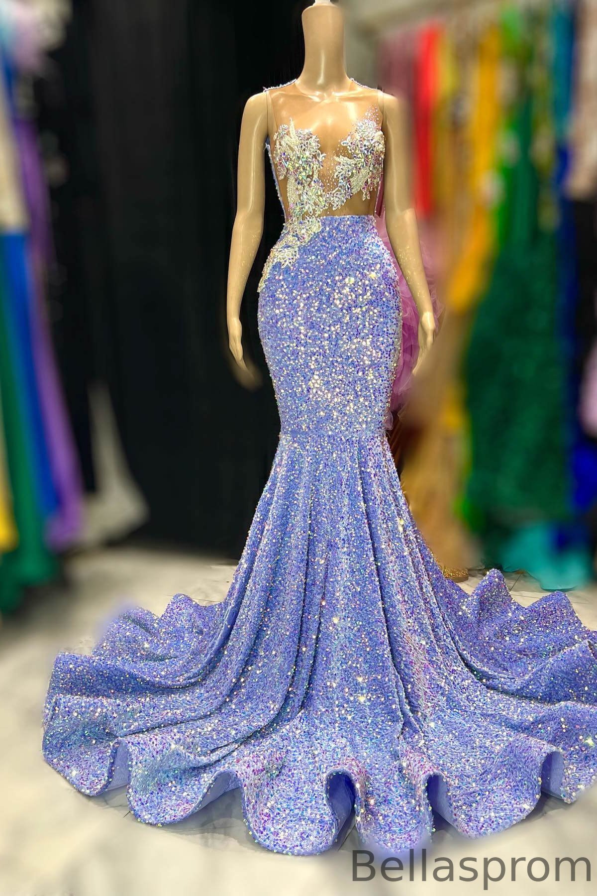 Bellasprom Blue Scoop Sleeveless Mermaid Prom Dress With Beadings Sequins Online Bellasprom