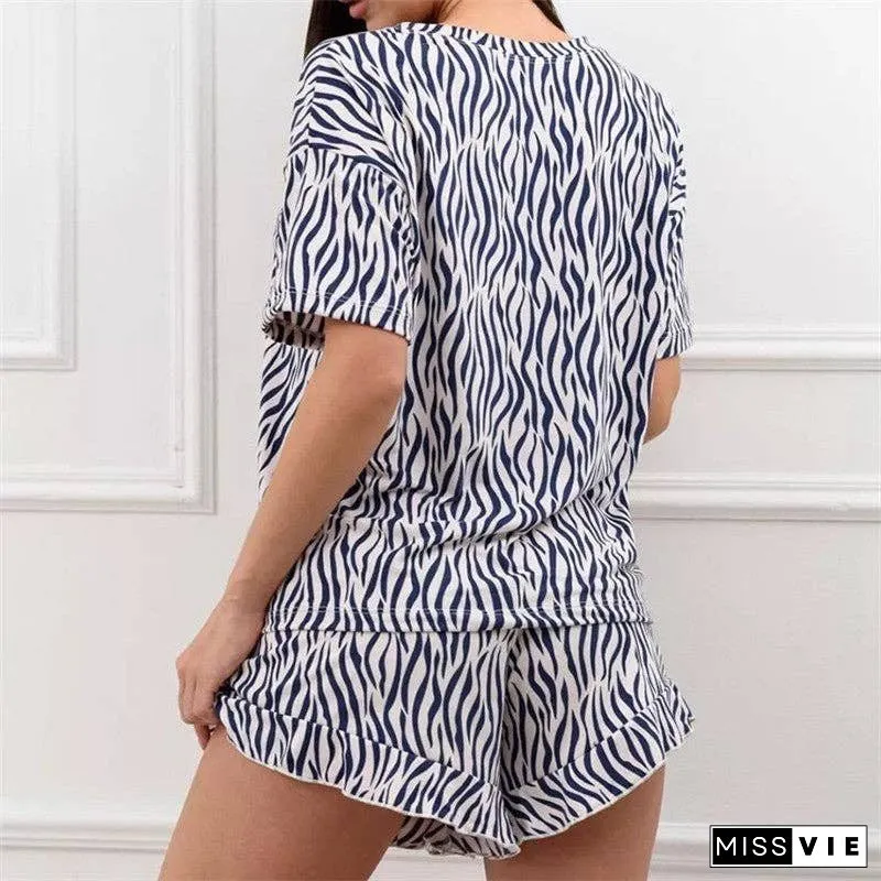 Leaf Print Hem Short Sleeve Pajama Set