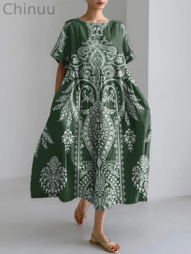 Ethnic Floral Pattern Women's Linen Maxi Dress