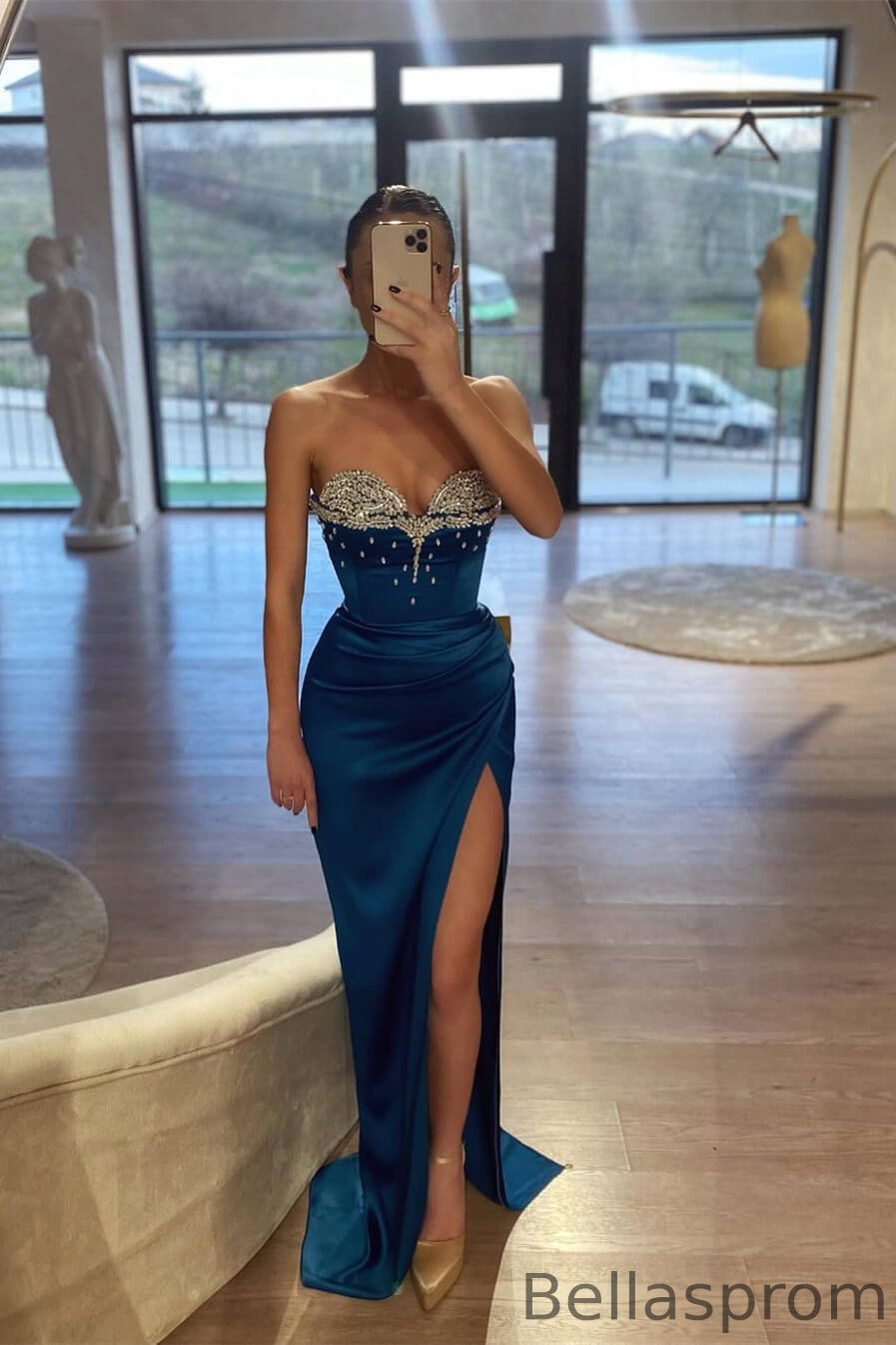 Bellasprom Blue Sweetheart Sleeveless Mermaid Prom Dress With Beadings High Split Bellasprom