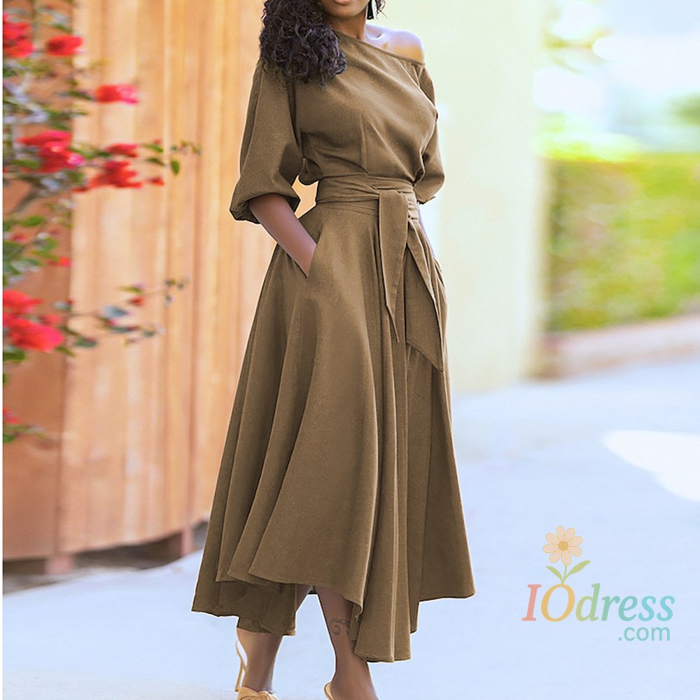IO Dress Elegant Women's Spring/Summer Fashion Green Diagonal Neck Middle Sleeve Casual Dress Women's Casual Retro Long Dress s-3XL