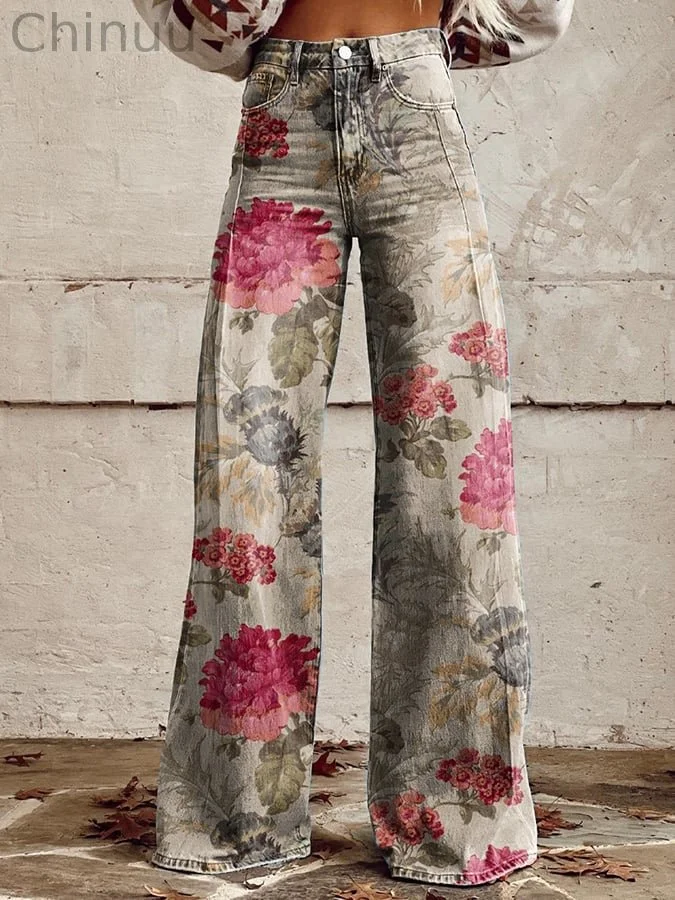 Women's Vintage Botanical Floral Wide Leg Pants