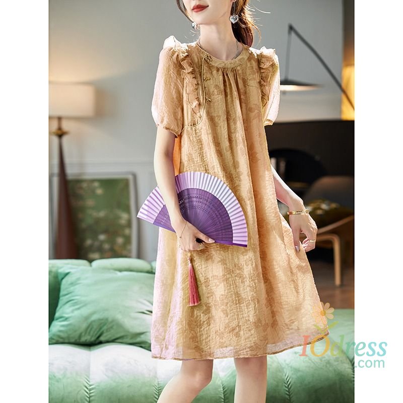 IO Dress Chic Round Neck Printed Short Sleeve Dress Loose Casual Elegant