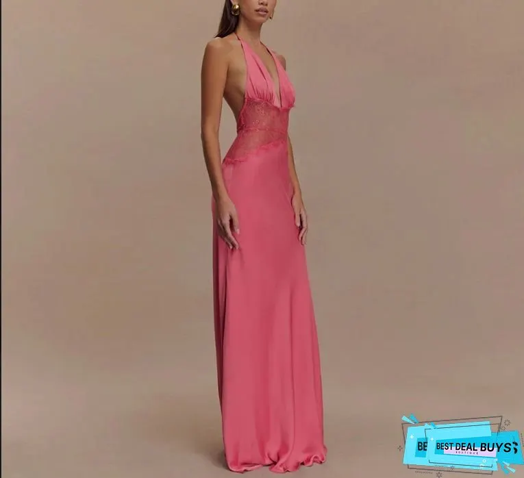 Womens Elegant V-Neck Backless Halter Sleeveless A-Line Maxi Dress With Patchwork Hem
