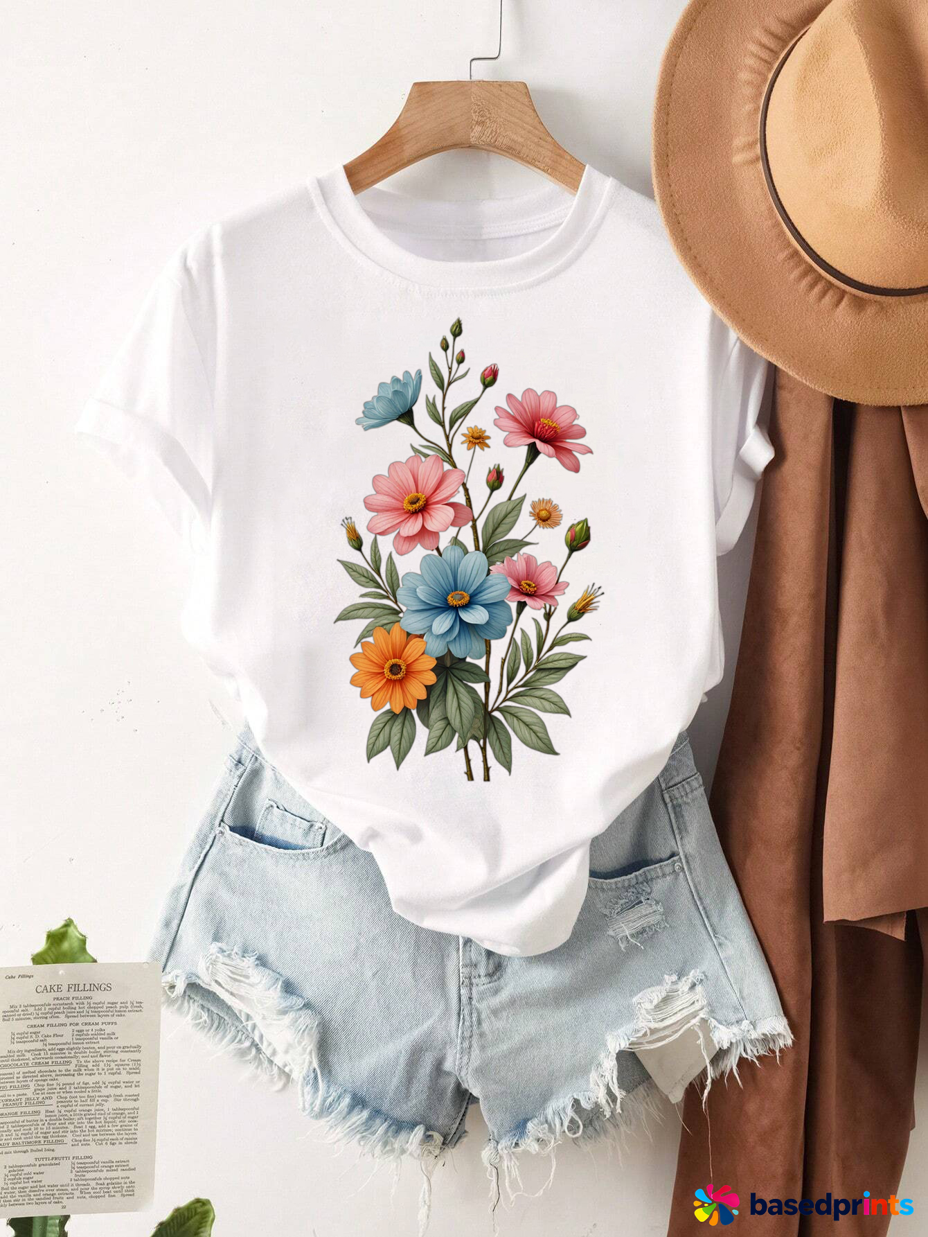 White Floral Print T-Shirt Women's Casual Short Sleeve Top