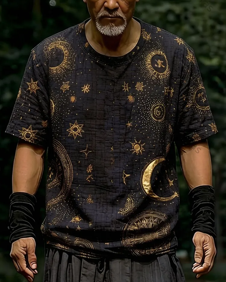 Men's Summer Fashion Color-Blocked Star and Moon Embroidered Top 7817