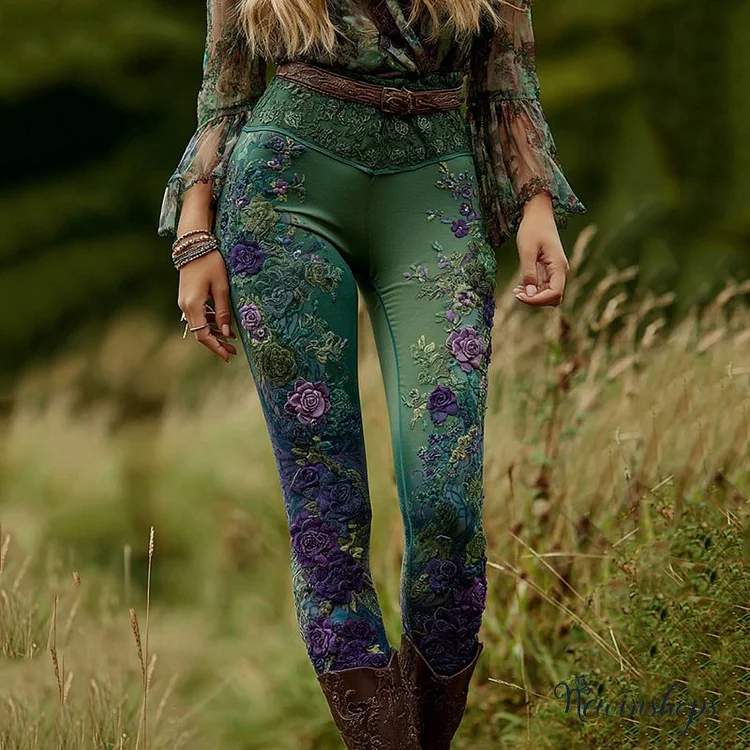 Women's Vintage Purple Lavender Patchwork And Floral Embroidered Art Gradient Leggings