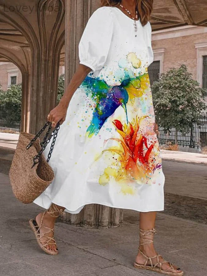 Women's Watercolor Hummingbird Print Casual Dress