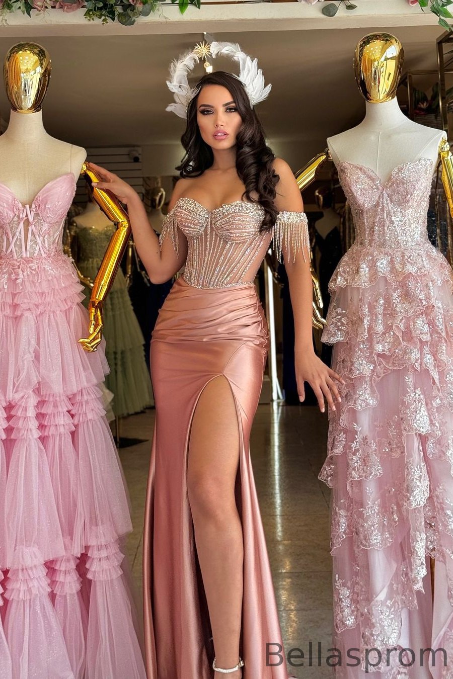 Bellasprom Dusty Pink Off-the-Shoulder Sleeveless Mermaid Prom Dress With Split Beadings Tassels Bellasprom