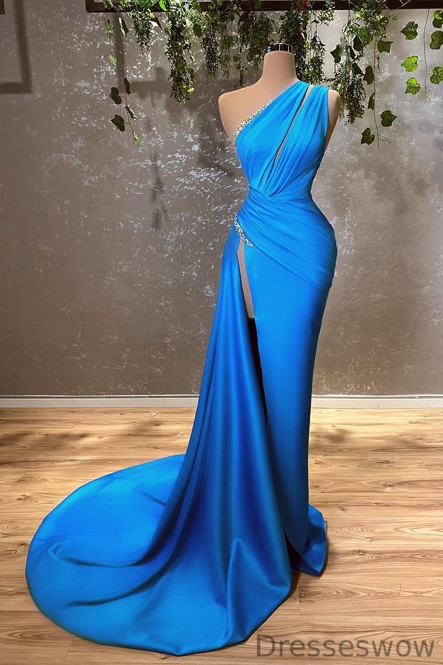Dresseswow Ocean Blue One Shoulder Evening Dress Mermaid With Split