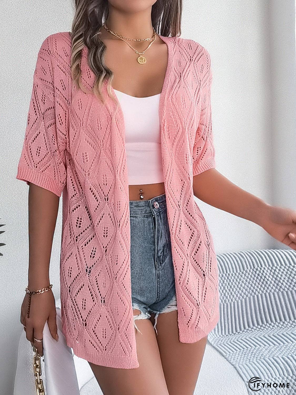 Openwork Open Front Half Sleeve Cardigan | IFYHOME
