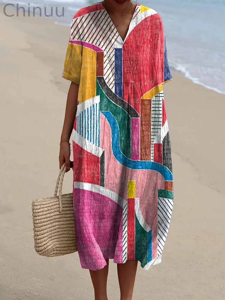 Women's Vintage Abstract Geometric Pattern Art Print Flowy Dress