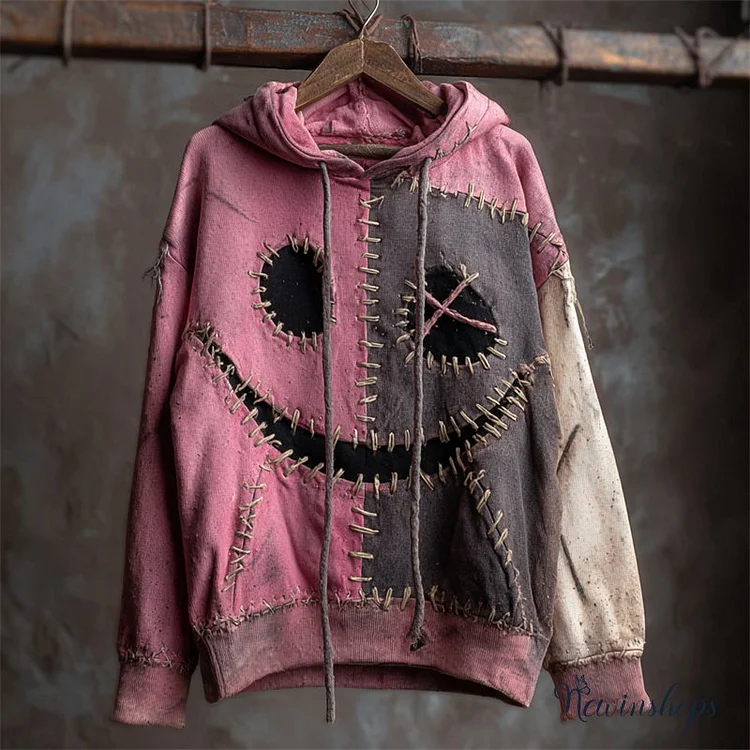 Halloween Stitched Monster Face Contrast Washed Hoodie
