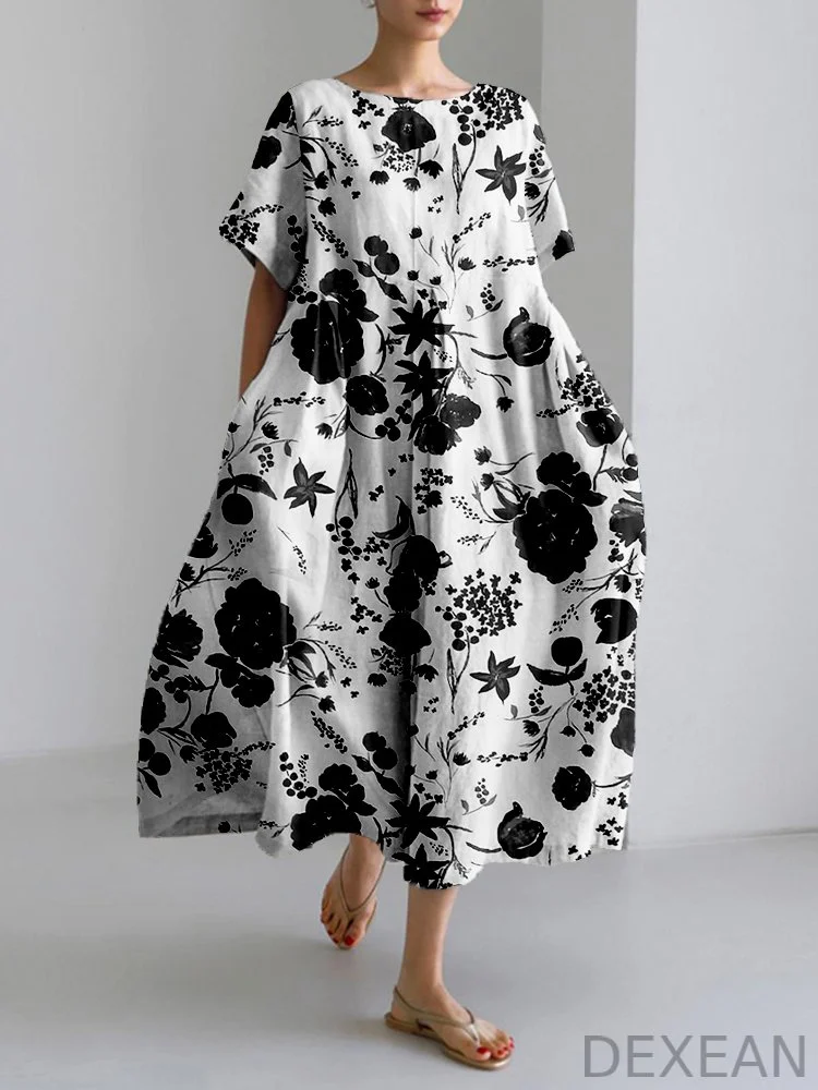 Yin Yang Japanese Pattern Linen Blend Maxi Dress