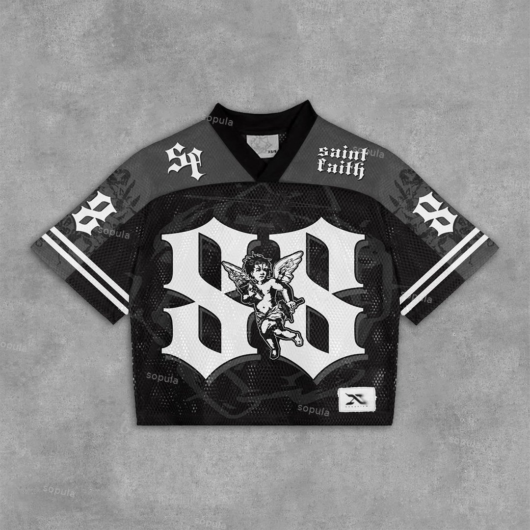 Sopula Vintage Saint Faith Graphics Blokecore Blokette Football V-Neck T-Shirt