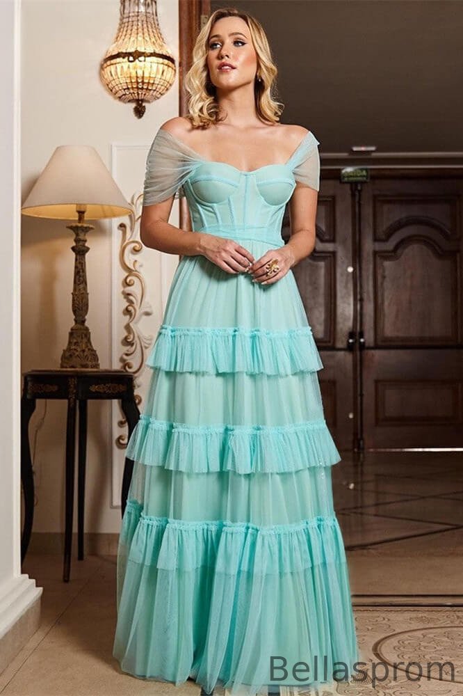 Bellasprom Cap Sleeves Sweetheart Long Evening Party Gowns Layered Tulle Party Gowns Bellasprom