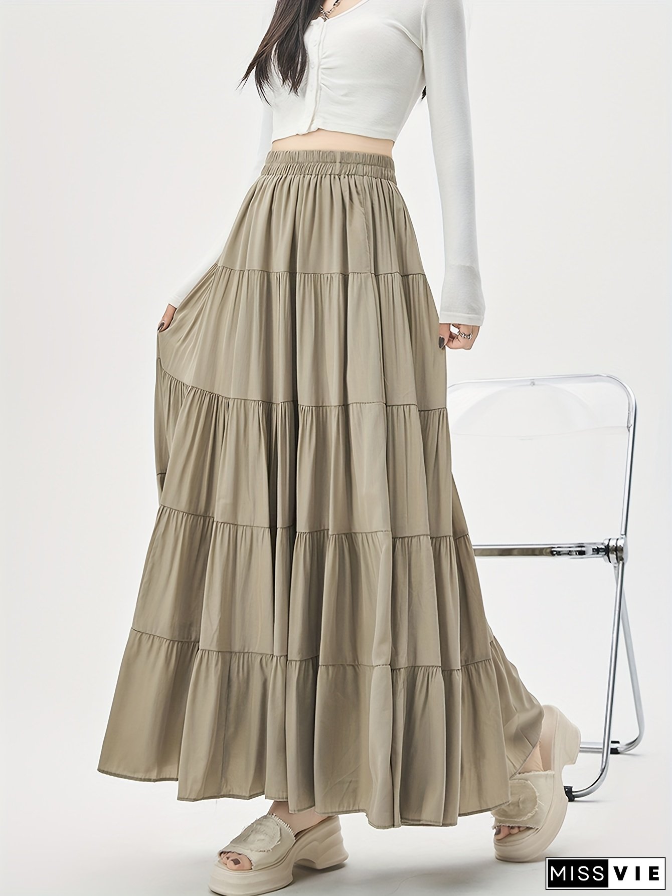 [Elegant A-Line Skirt] Women's Elegant Solid Color A-Line Long Skirt, Elastic Waist, Layered, Flared Hem, Polyester 100%, Lightweight 50/110 g/m&sup2;, Woven, Spring/Summer/Fall Fashion