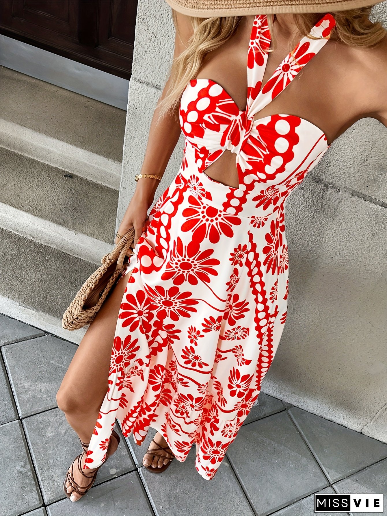 [Floral Dress] Polyester Floral Women's Halter Maxi Dress | Elegant Off-Shoulder Long Sundress with Vibrant Red and White Floral Print, Perfect for Beach Vacations and Spring/Summer Outfits, Woven Texture, Beach Dress