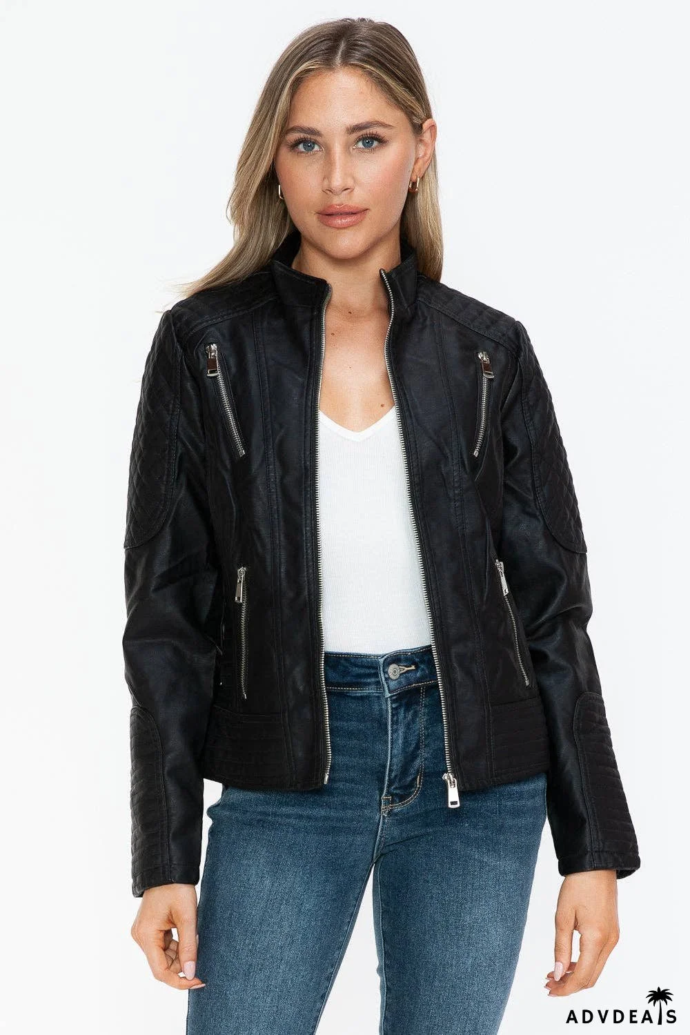 Snobbish Faux Leather Zip Up Mock Neck Jacket