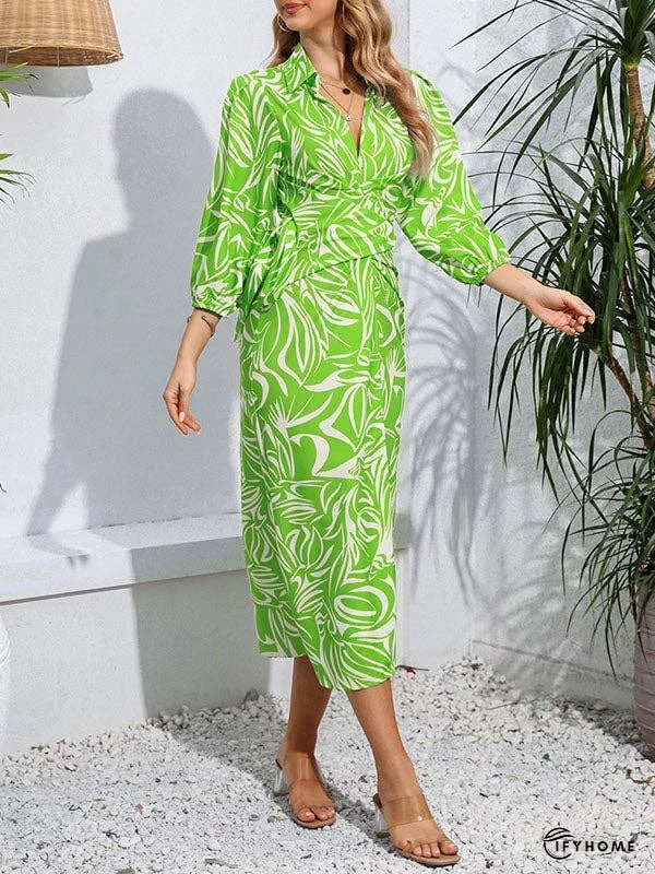 A-Line High Waisted Elasticity Printed Tied Waist Lapel Midi Dresses Shirt Dress | IFYHOME