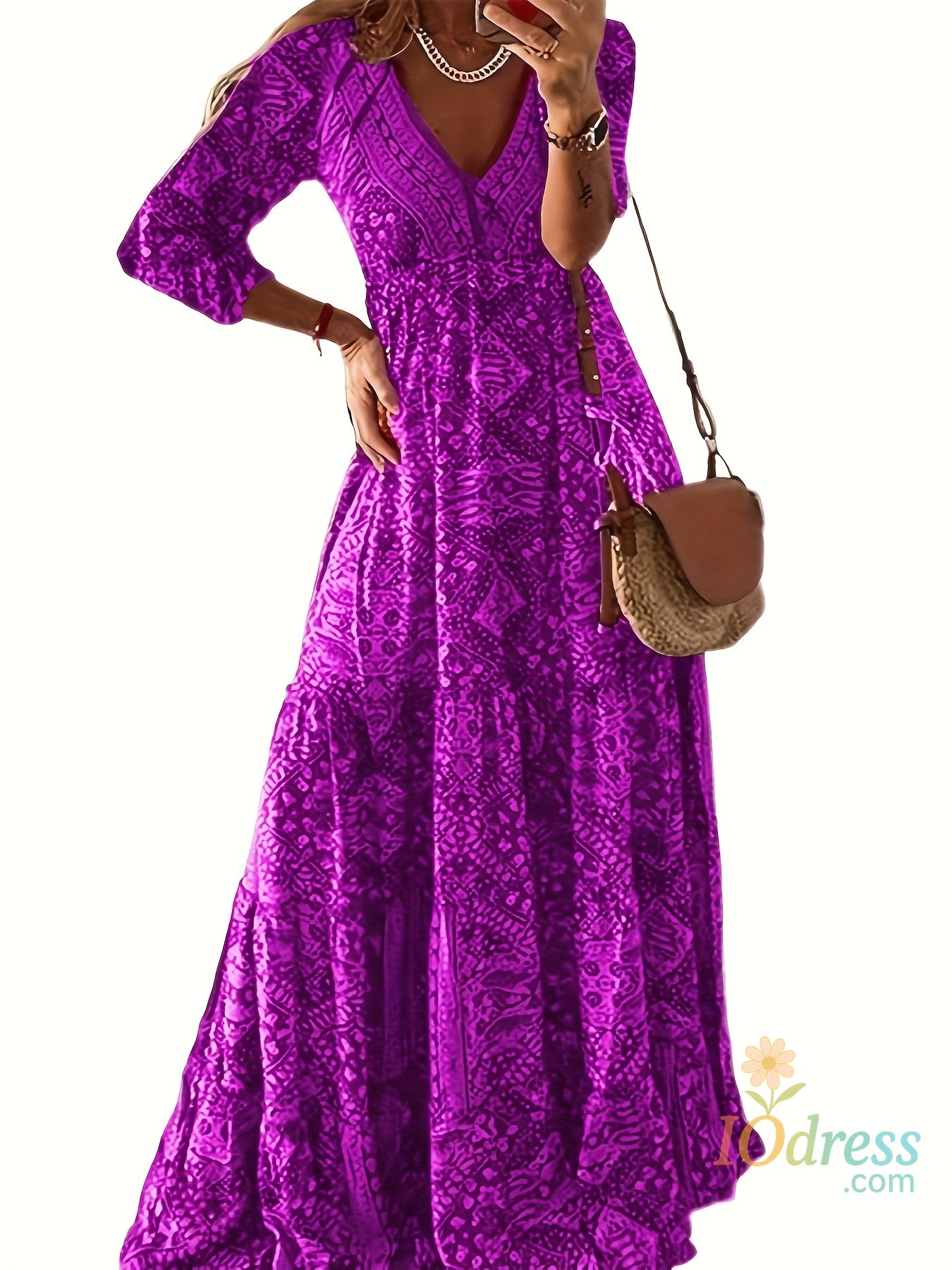 IO Dress plus-size European and American cross-border  bohemian cropped sleeve high-waisted V-neck printed dress