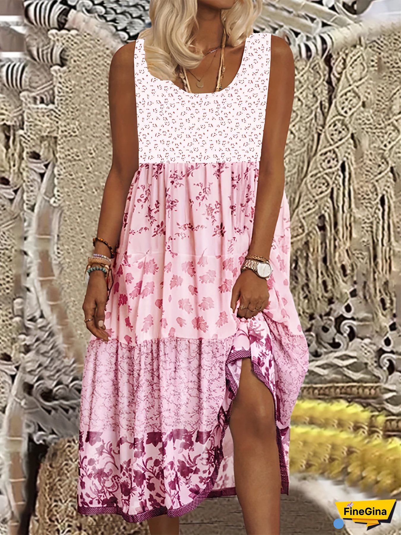 Bohemian Floral Print Sleeveless Maxi Dress For Women - Elegant Round Neck A-Line Dress With Black & White Floral Print Pattern, Perfect For Spring/Summer, Cute Dresses