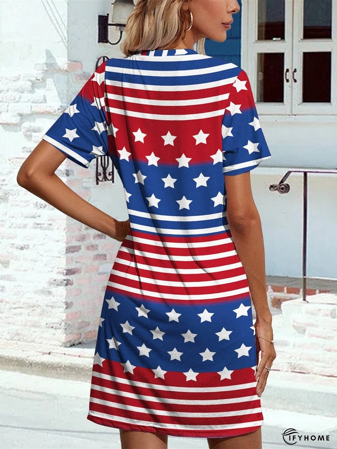 Pocketd US Flag Printed Short Sleeve Dress | IFYHOME