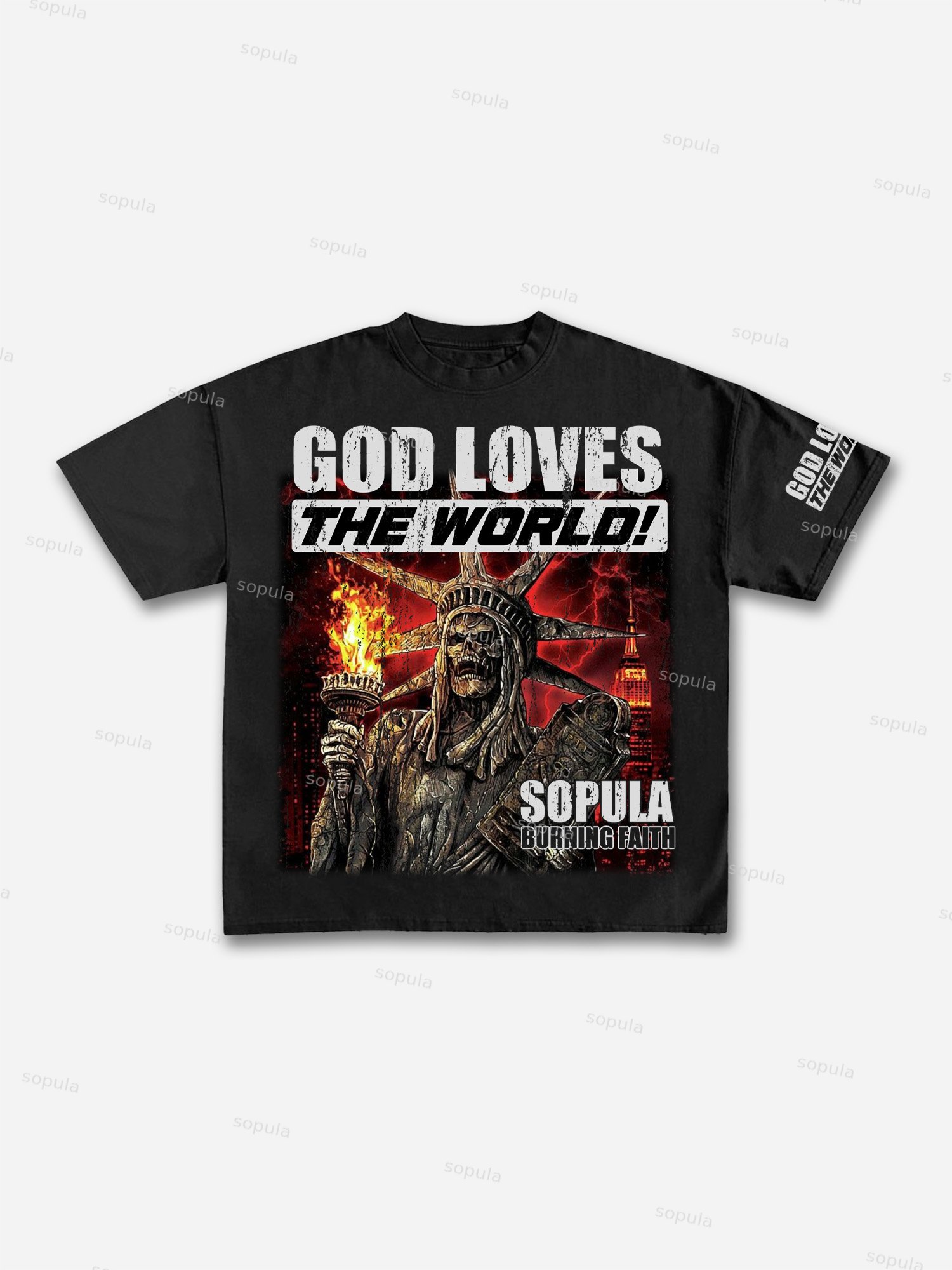 God Loves The World Burning Skull Statue Of Liberty Vintage Graphic Cotton T-shirt