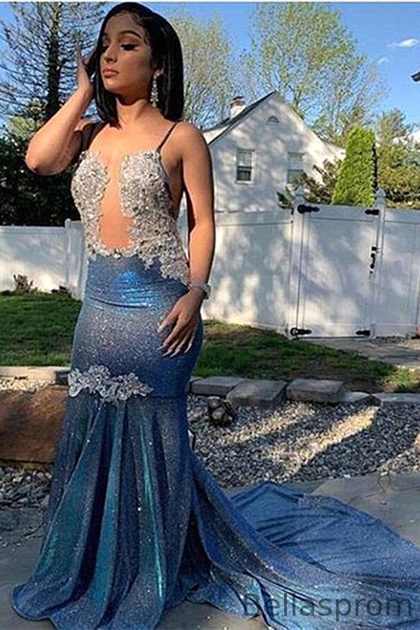 Bellasprom Blue Mermaid Prom Dress Long Sequins Evening Gowns Spaghetti-Straps Bellasprom