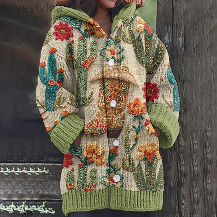 Western Vintage Boots And Floral Cozy Hooded Cardigan