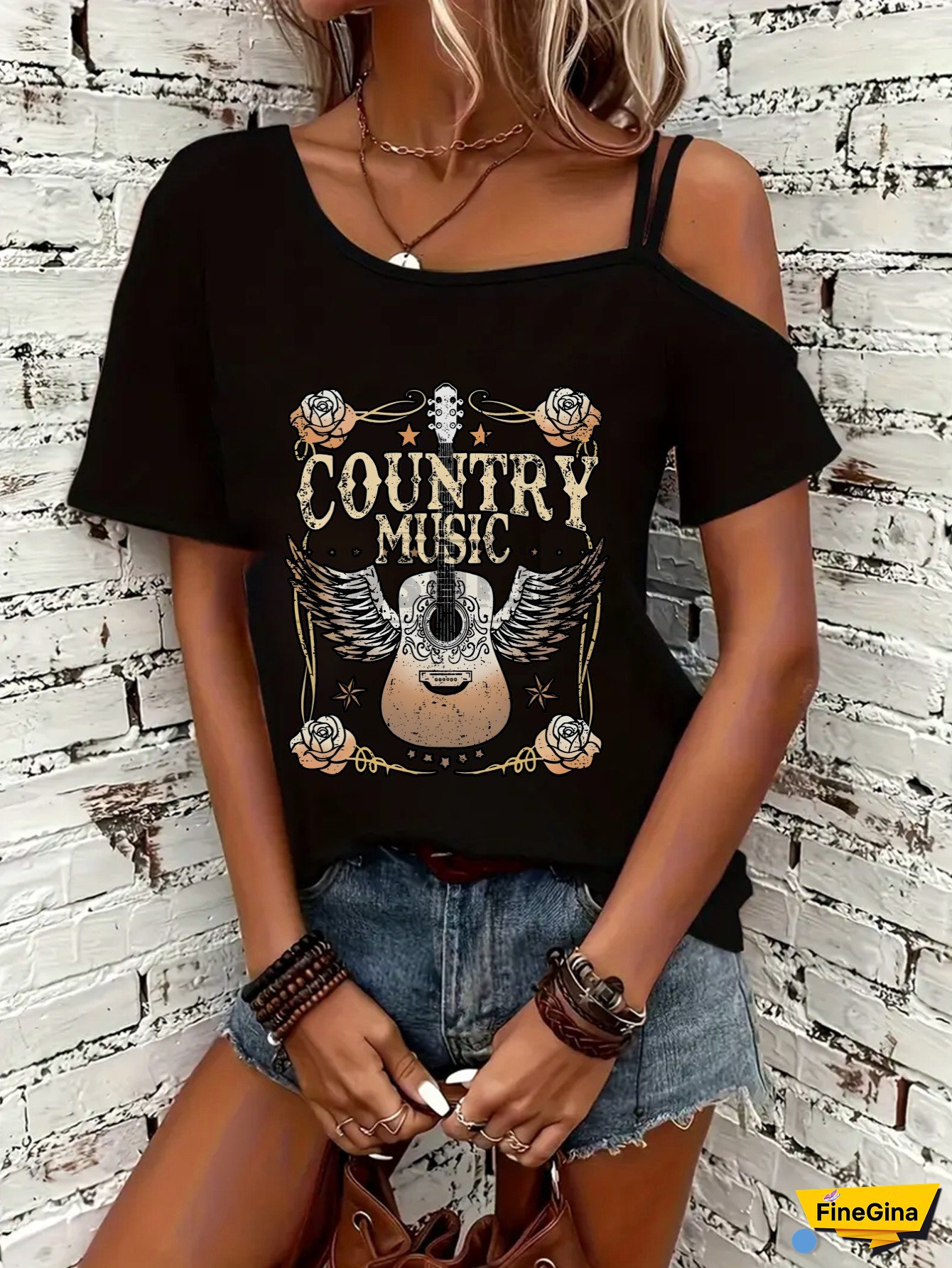 Women's Casual Country Music Graphic T-Shirt - Black Polyester, Off-Shoulder, Short Sleeve, "Country Music" Design with Guitar & Roses, Allseason Top, Casual Wear|Country Music Theme|Decorative Sleeves, Country Music Tshirt