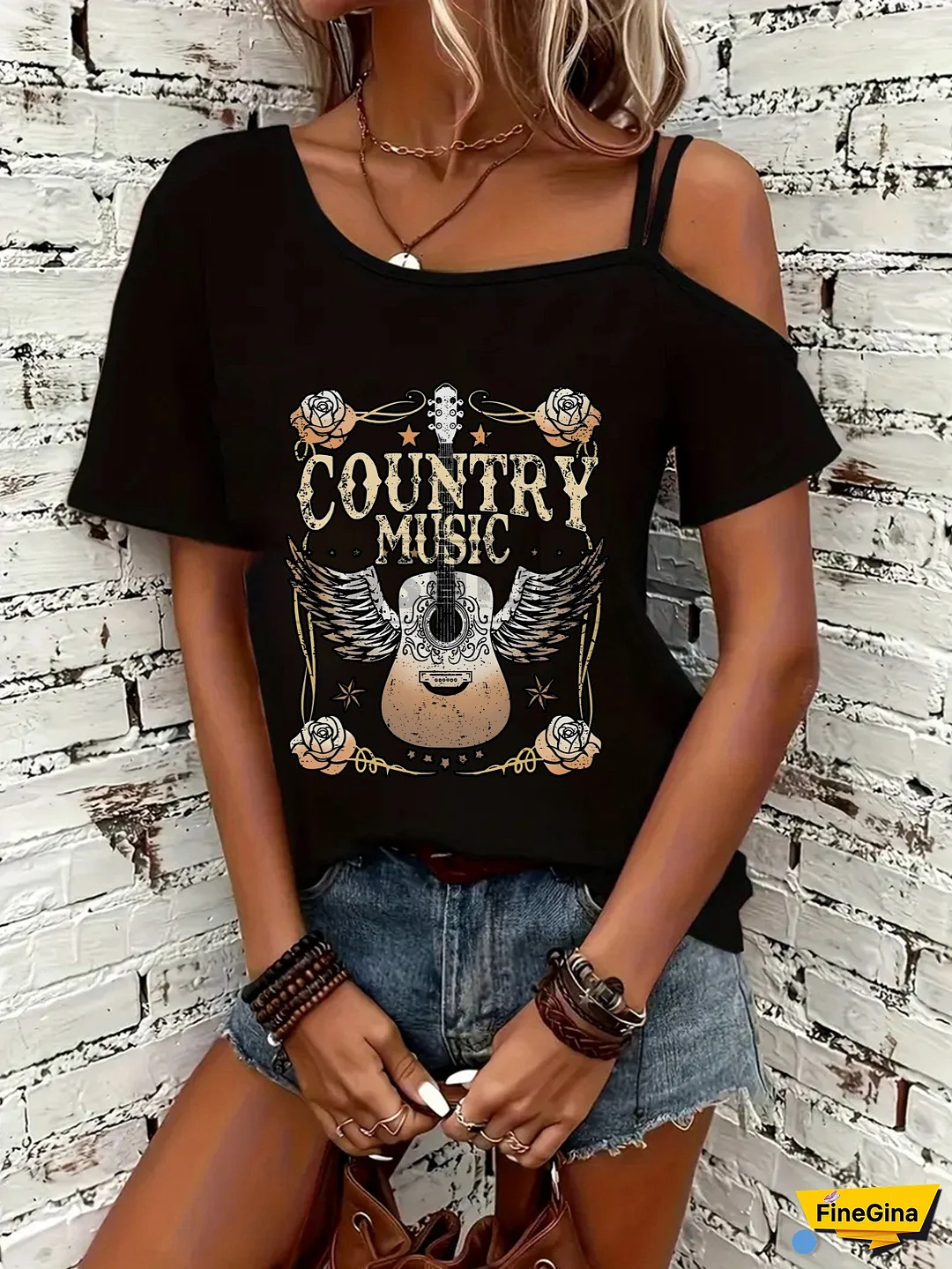 Women's Casual Country Music Graphic T-Shirt - Black Polyester, Off-Shoulder, Short Sleeve, "Country Music" Design with Guitar & Roses, Allseason Top, Casual Wear|Country Music Theme|Decorative Sleeves, Country Music Tshirt