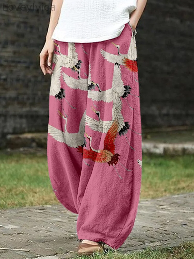 Flock of Japanese Red Crowned Cranes Linen Blend Casual Pants