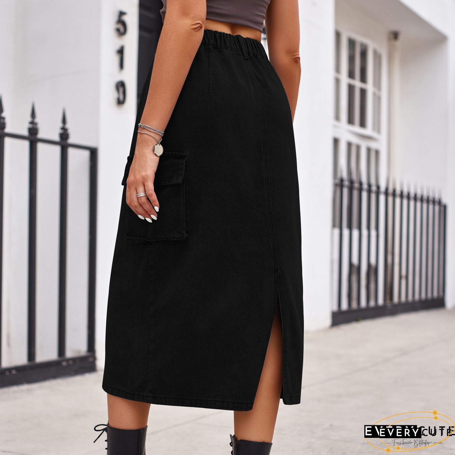 Women's Denim Skirt Button Down Front High Waist Pockets Midi Jean Skirts