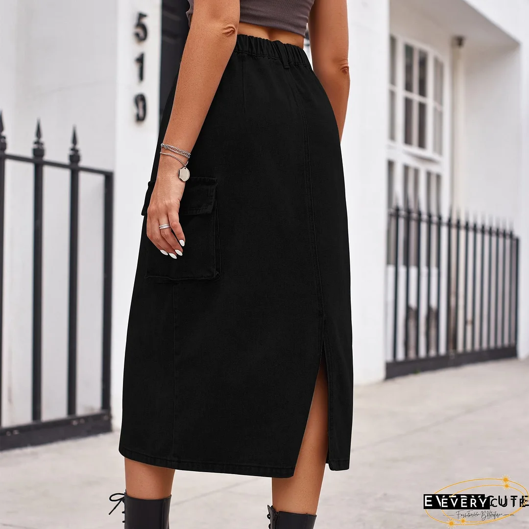 Women's Denim Skirt Button Down Front High Waist Pockets Midi Jean Skirts