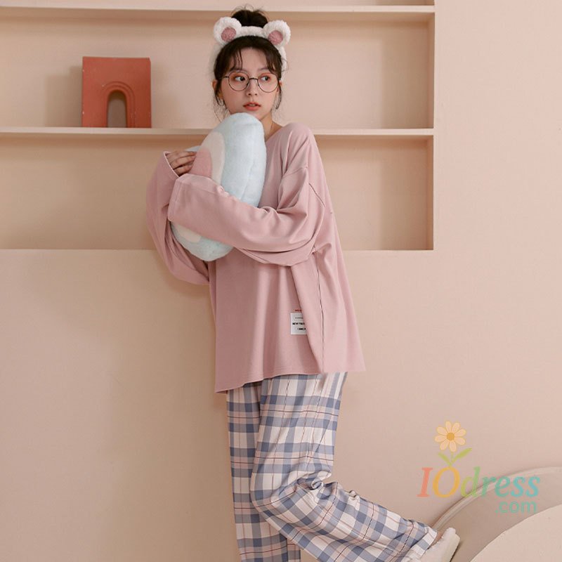 IO Dress Women's Spring and Autumn Pajamas Loungewear Set Women's Long Sleeve New Korean Fashion Casual Plaid Women's Loungewear Set