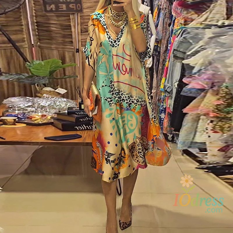 IO Dress Casual V Neck Loose Long Dresses for Women Spring Leopard Colorful Printed A-Line Party Dress Autumn Half Sleeve Female Clothing IO Dress