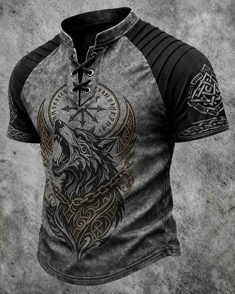 Men's Viking Wolf Print Short-Sleeve Henley T-Shirt 2176